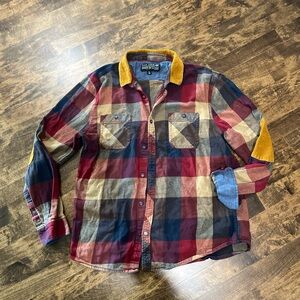 Men's Plaid Button Down Shirt with Mustard collar and elbow patches